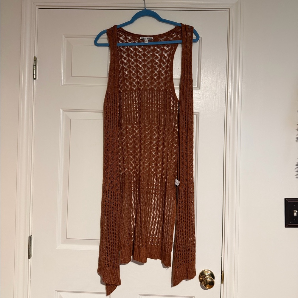 Moral Fiber Crocheted Openwork Duster in Rust